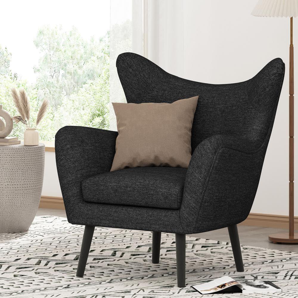Noble House Edenbrook Fabric Wingback Club Chair, Black Textured Tweed and Black
