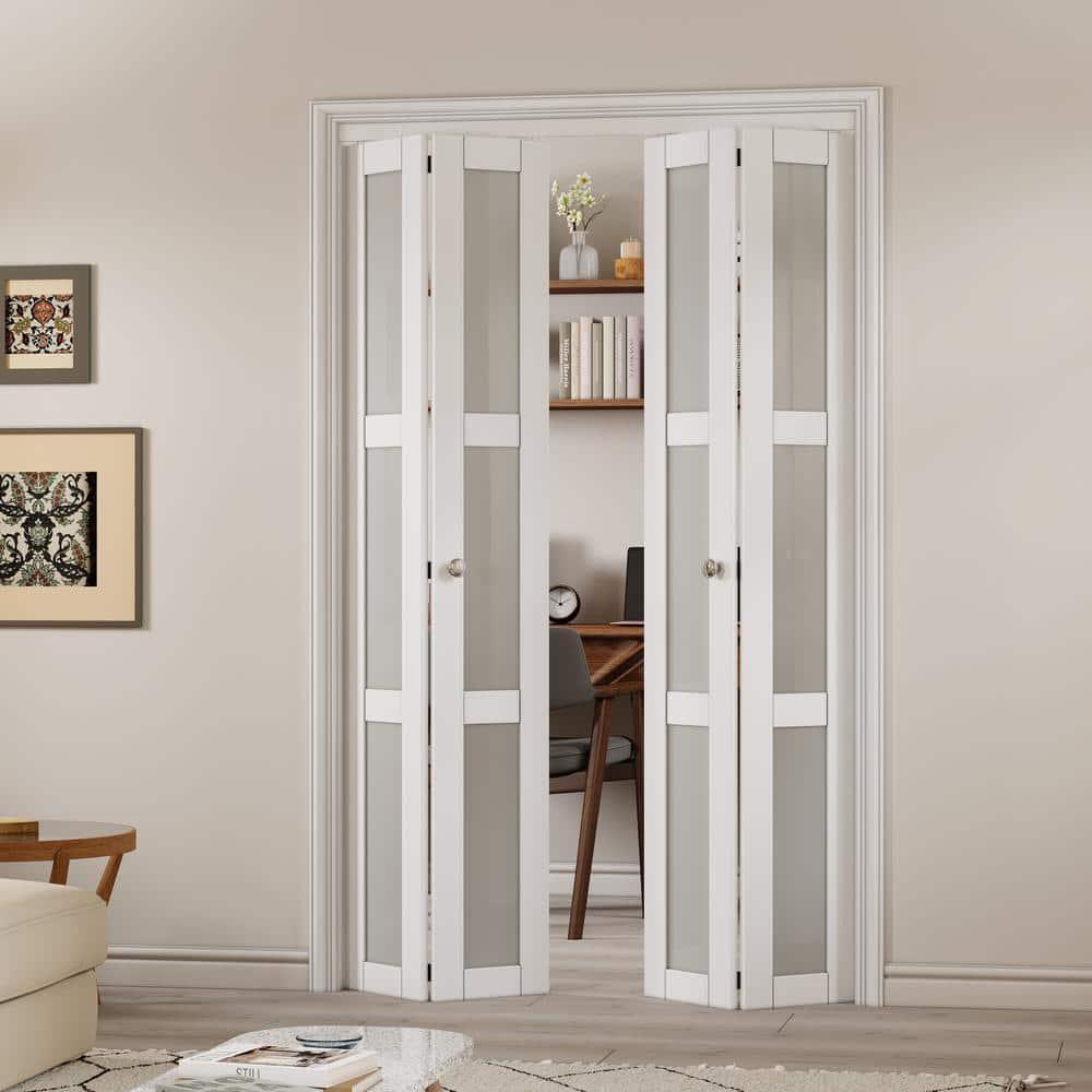 CHIC MODE Double Bifold Doors 3 Lite Frosted Glass Solid Manufactured Wood Prefinished Folding Door