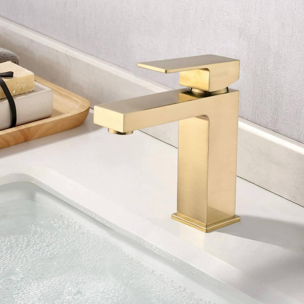 Brass Bathroom Sink Faucet Single Handle Lavatory Vanity Mixer Tap 1 Hole with Deck Plate, Metal Pop-up Drain Assembly & Water Supply Lines (Brushed Gold)
