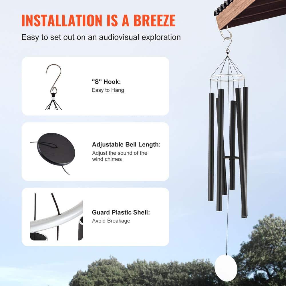 Vevor JSFLHS66INCH8UZWQV0 66 in. Outside Aluminum Memorial Deep Tone Wind Chimes - Black