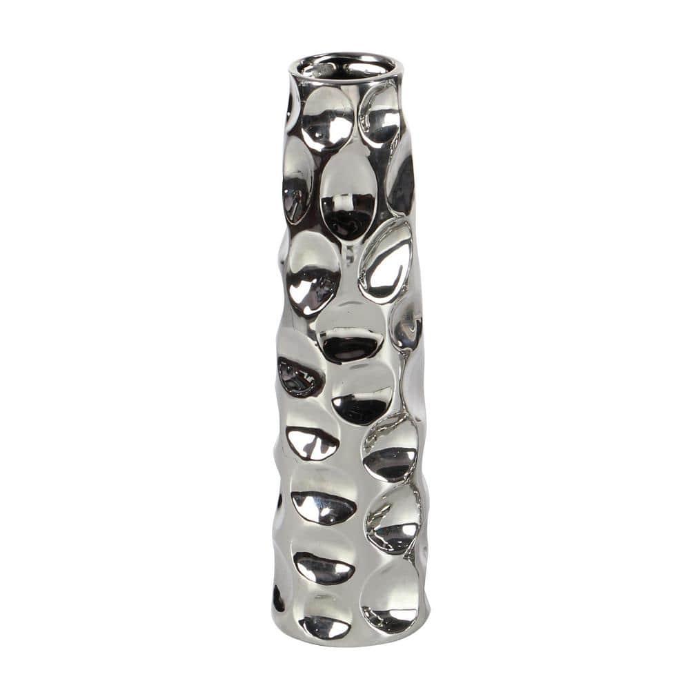 DecMode 12"H, 3"W Silver Ceramic Vase with Varying Patterns, Set of 3
