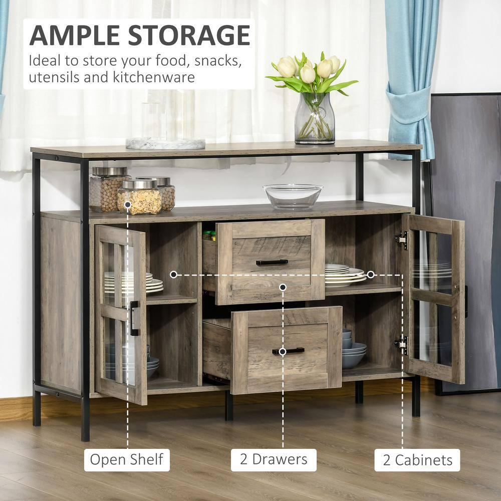HOMCOM Industrial Sideboard Buffet Cabinet, Kitchen Cabinet, Coffee Bar Cabinet with Adjustable Shelves, Glass Doors, and 2 Drawers for Living Room, Gray