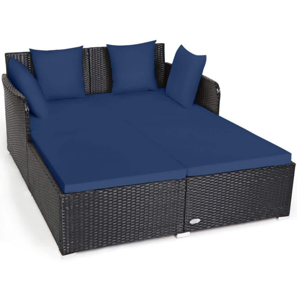 Costway Outdoor Patio Rattan Daybed Pillows Cushioned Sofa Furniture Navy