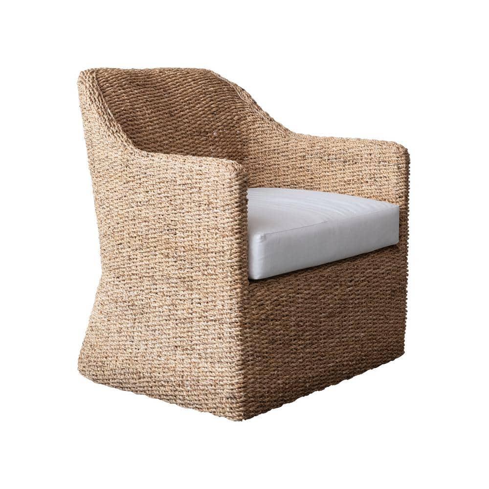 Natural and Cream Woven Water Hyacinth and Acacia Wood Outdoor Lounge Chair with White Cushion