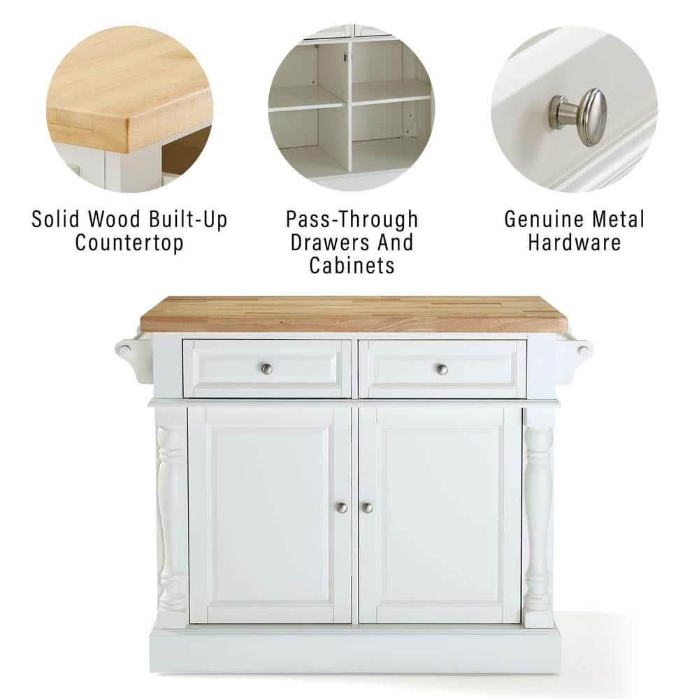 Crosley Butcher Block Top Kitchen Island - White: Hardwood Frame, Towel Bar, 4 Shelves, 2 Drawers