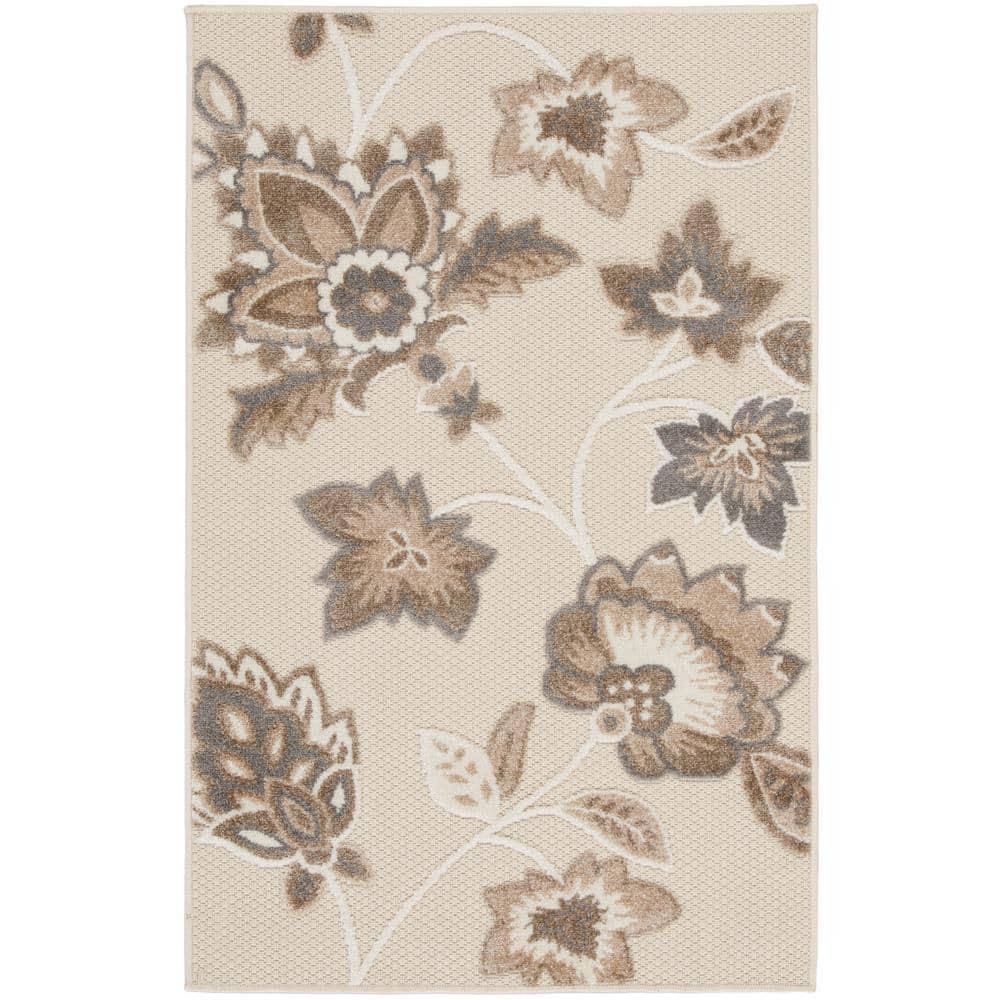 Nourison Aloha Floral Farmhouse Flatweave High-Low Indoor Outdoor Area Rug Beige 2'8" x 4'