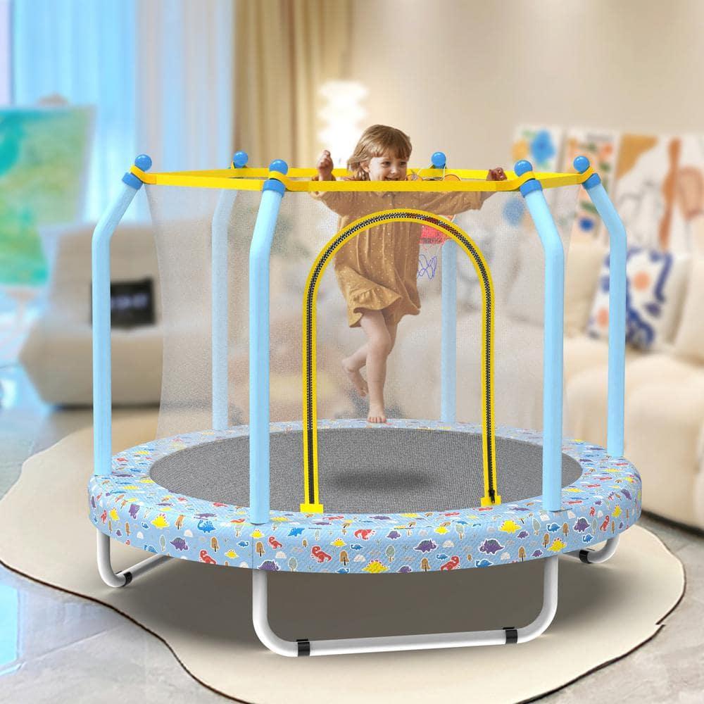 Yoneston 55'' Trampoline for Kids, Indoor & Outdoor Toddlers Trampoline with Enclosure Net and Basketball, Mini Trampoline Gifts for Kids, Baby Toddler Trampoline Toys, Light Blue