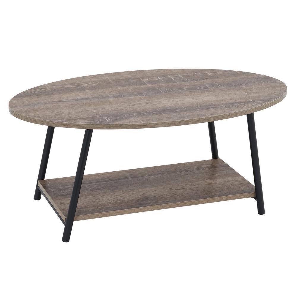 Household Essentials Jamestown Oval Coffee Table Ashwood: Modern Mid-Century Design, Iron Frame, Particle Board Surface, Lower Storage Shelf