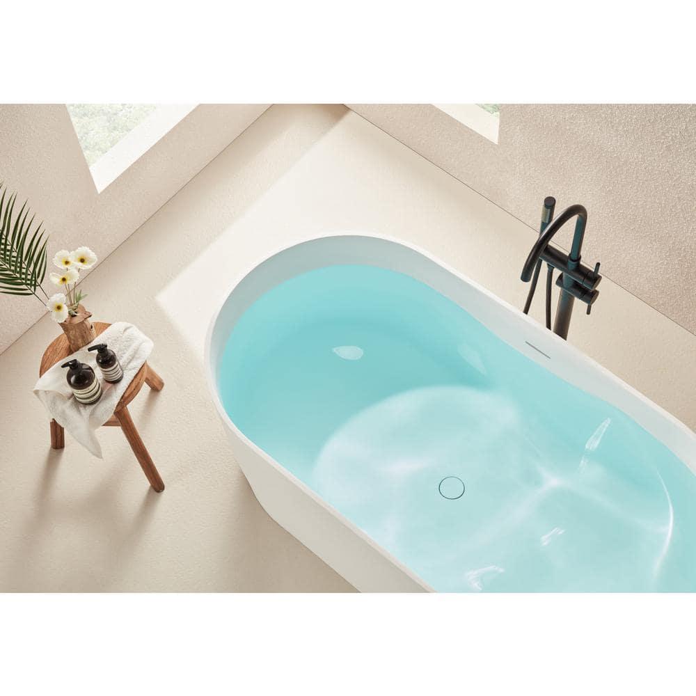 59" x 29.5" Freestanding Soaking Stone Resin Bathtub with Pure White Overflow and Pop Up Drain