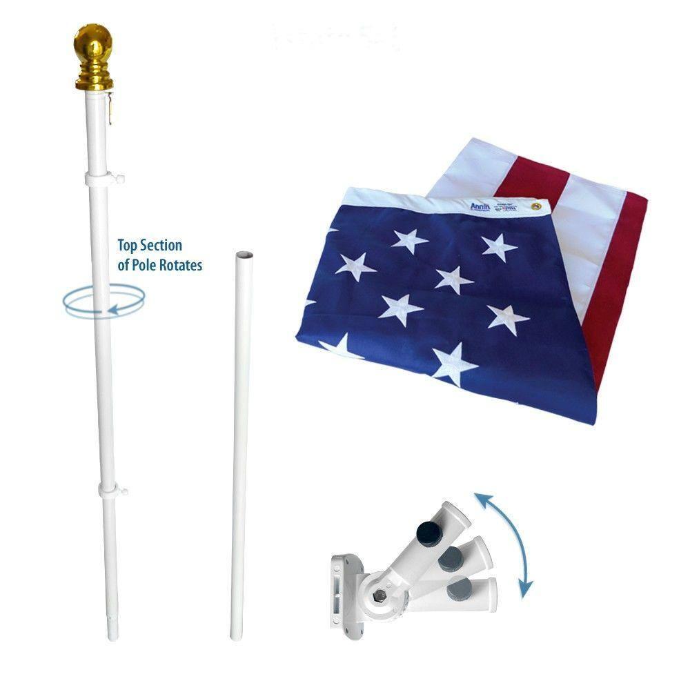 Annin Flag and Flagpole Set - 6 ft. 2 Section White Spinning Pole that Rotates 360 Degrees with Flag 3x5 ft. SolarGuard Nylon by Flagmakers, Estate kit Model 238