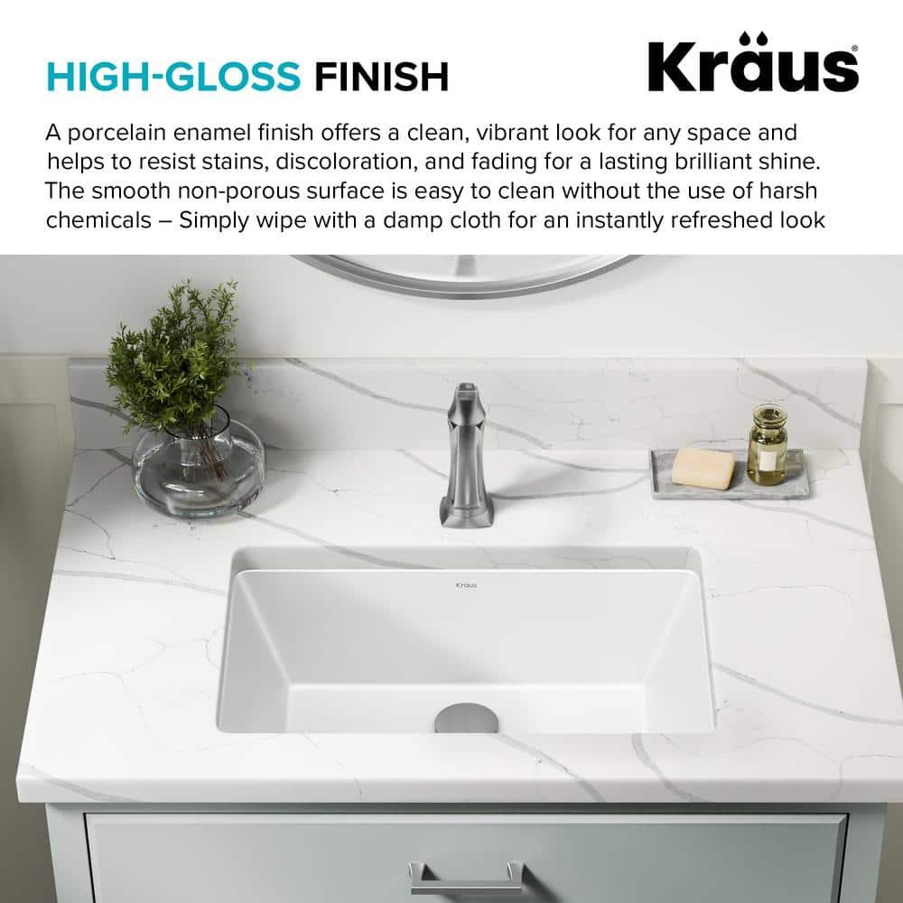 KRAUS Elavo. Rectangular Porcelain Ceramic Undermount Bathroom Sink In White With Overflow Drain, KCU-242