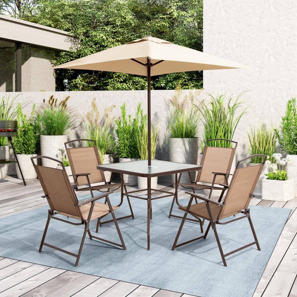 Crestlive Products 6 PCS Patio Dining Set,4 Folding Chairs, Square Tempered Glass Table and Umbrella Set, Brown