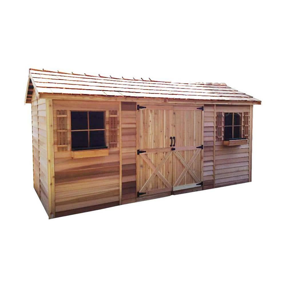Large Brown Cedar Garden Shed with Double Doors and Windows