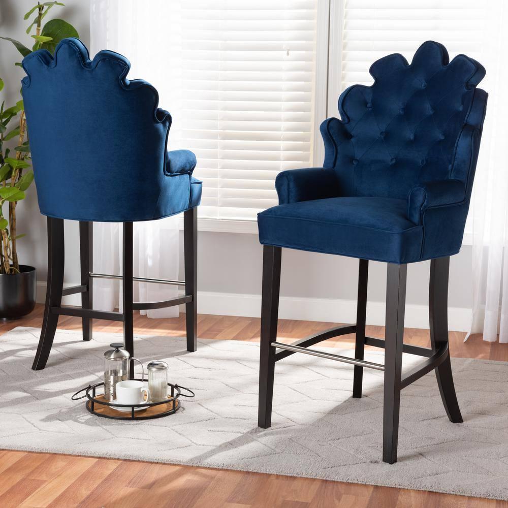 Chloe 50.4 in. Navy Blue and Dark Brown Low Back Wood Bar Height Bar Stool
