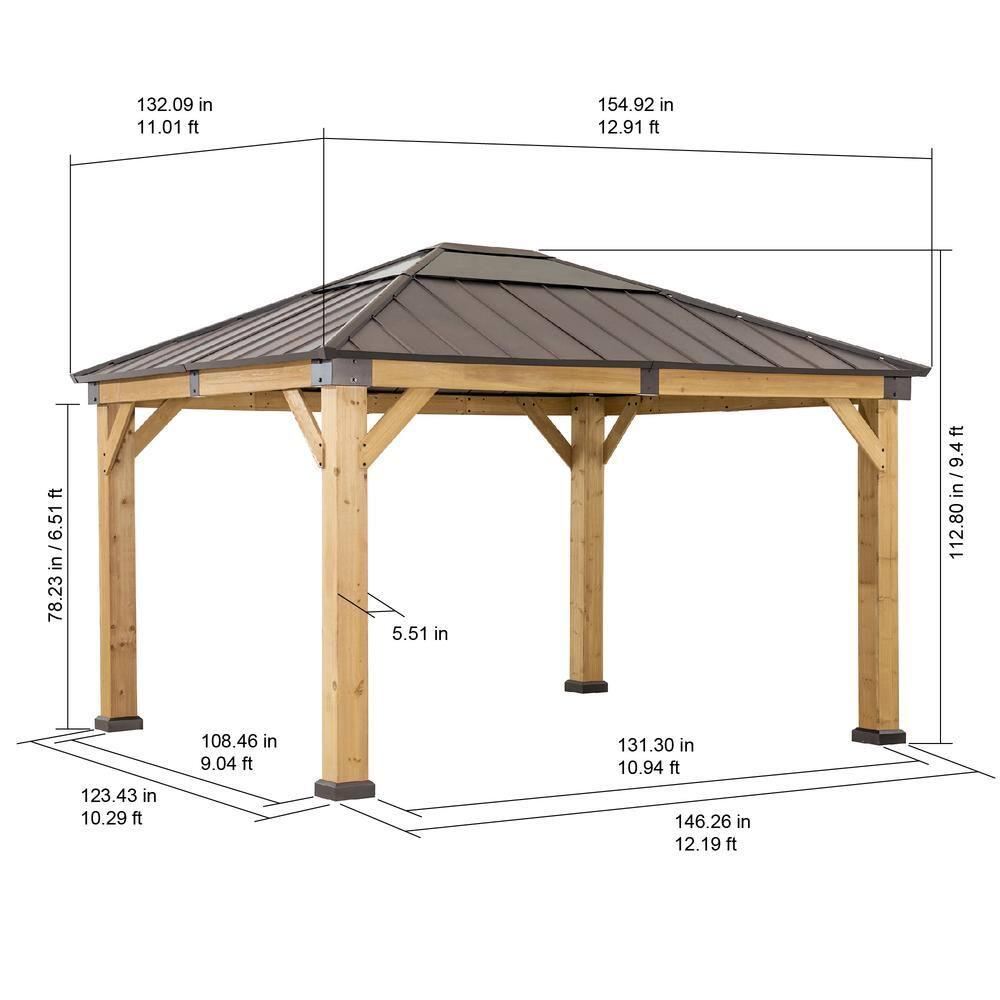Sunjoy Sunjoy Hardtop Gazebo 11 x 13 ft. Upgrade Cedar Framed Wood Gazebos with Brown Steel and Polycarbonate Hip Roof Hardtop for Garden, Backyard Shade,