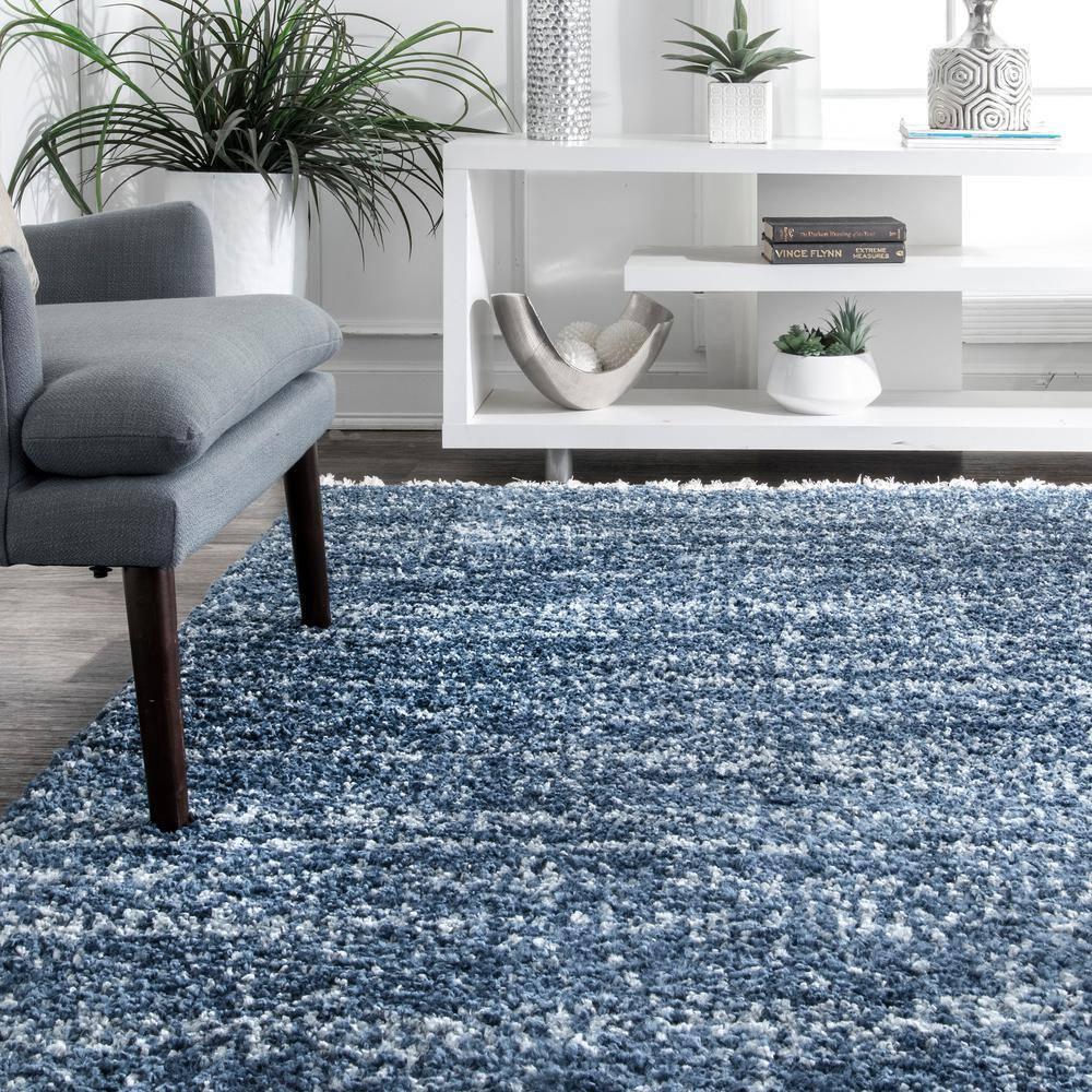 Nuloom Brooke Solid 2x8 Runner Shag Indoor Area Rug for Living Room Bedroom Dining Room Nursery Entryway Hallway, Blue/Ivory