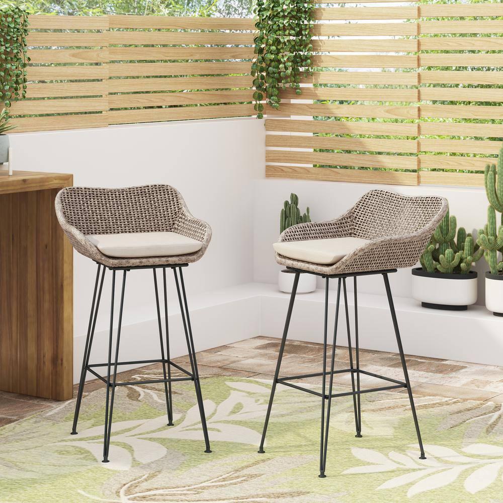 Verano Wicker and Metal Outdoor Barstools with Cushion, Set of 2, Mixed Brown and Beige