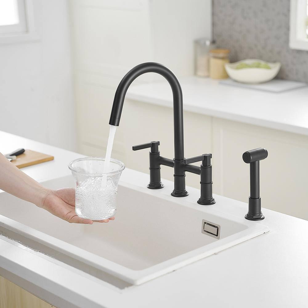 Double Handle Bridge Kitchen Faucet with Side Sprayer in Matte Black