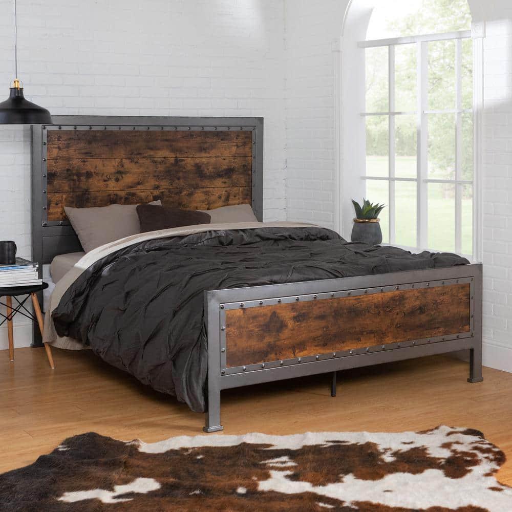 Walker Edison Queen Size Industrial Wood and Metal Bed - Brown