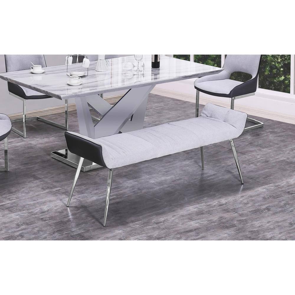 Gray Linen Fabric Bench with Black Faux Leather Underneath