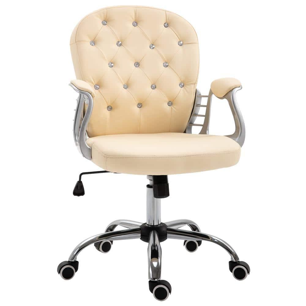 Vinsetto Vanity PU Leather Mid Back Office Chair Swivel Tufted Backrest Task Chair with Padded Armrests, Adjustable Height, Rolling Wheels, Beige