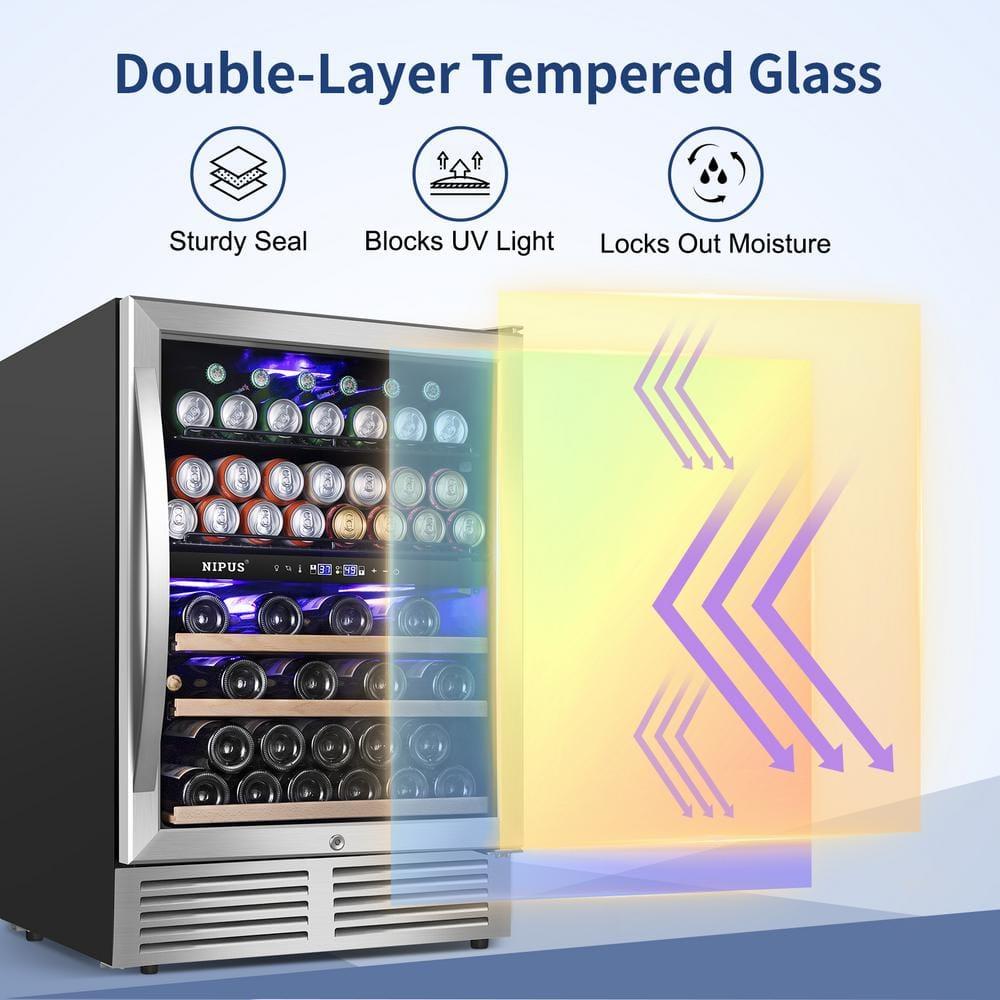 Nipus 24 Inch 94 Can and 27 Bottle Dual Zone Wine & Beverage Refrigerator Freestanding Built-in Beer and Drink Cooler with Glass Door For Kitchen, Bar or Office Classic Series