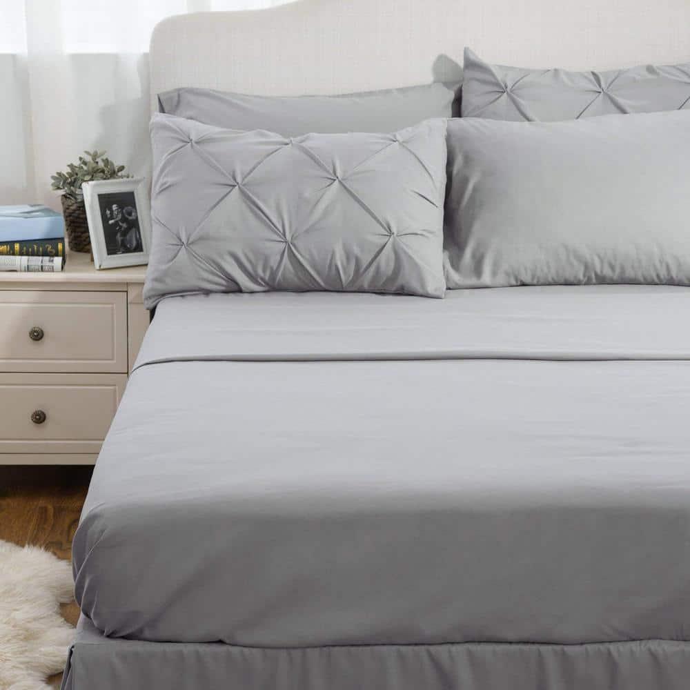 King Size Comforter Set - Bedding Set King 7 Pieces, Pintuck Bed in a Bag Grey Bed Set with Comforter, Sheets, Pillowcases & Shams