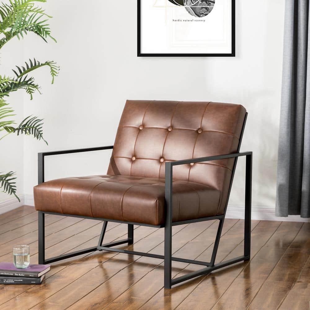 Modern Distressed Brown Faux Leather Button-Tufted Accent Chair