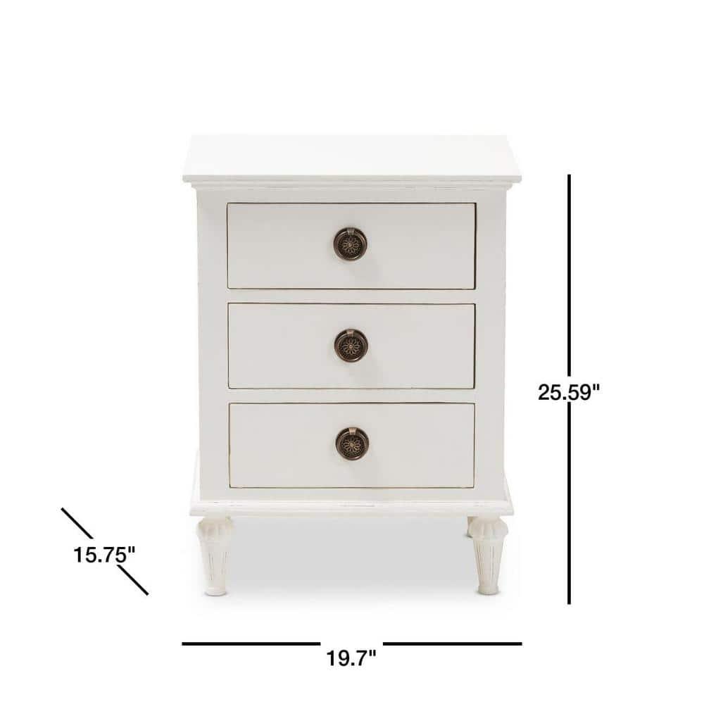 Venezia French - Inspired Rustic Washed Wood 3 - Drawer Nightstand - White - Baxton Studio