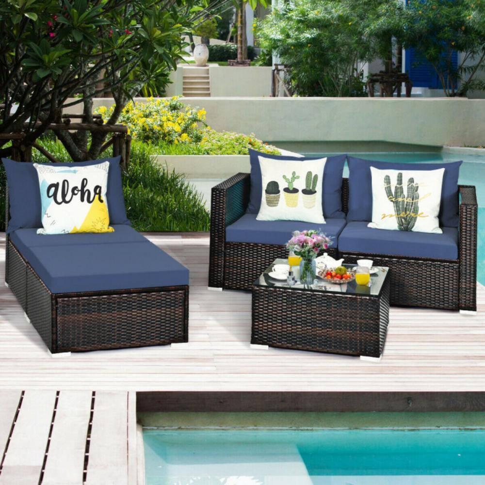 Kepooman Patio Furniture Sofa Set, Outdoor Conversation Sets, 5 Pieces Patio Rattan Sectional Furniture Set with Cushions and Coffee Table -Navy