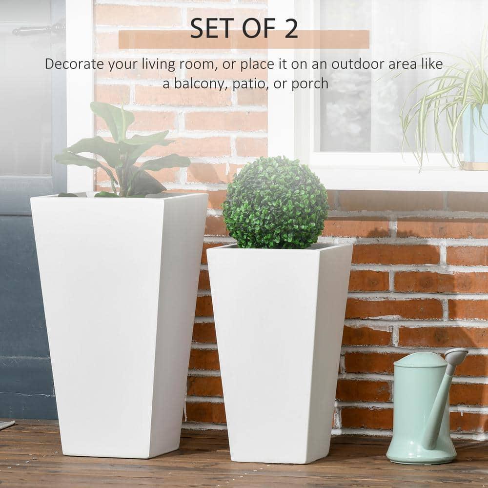 Outsunny 2-Pack MgO Flower Pots with Drainage Holes, Outdoor Planters, Durable & Stackable, for Entryway, Patio, Yard, Garden, White