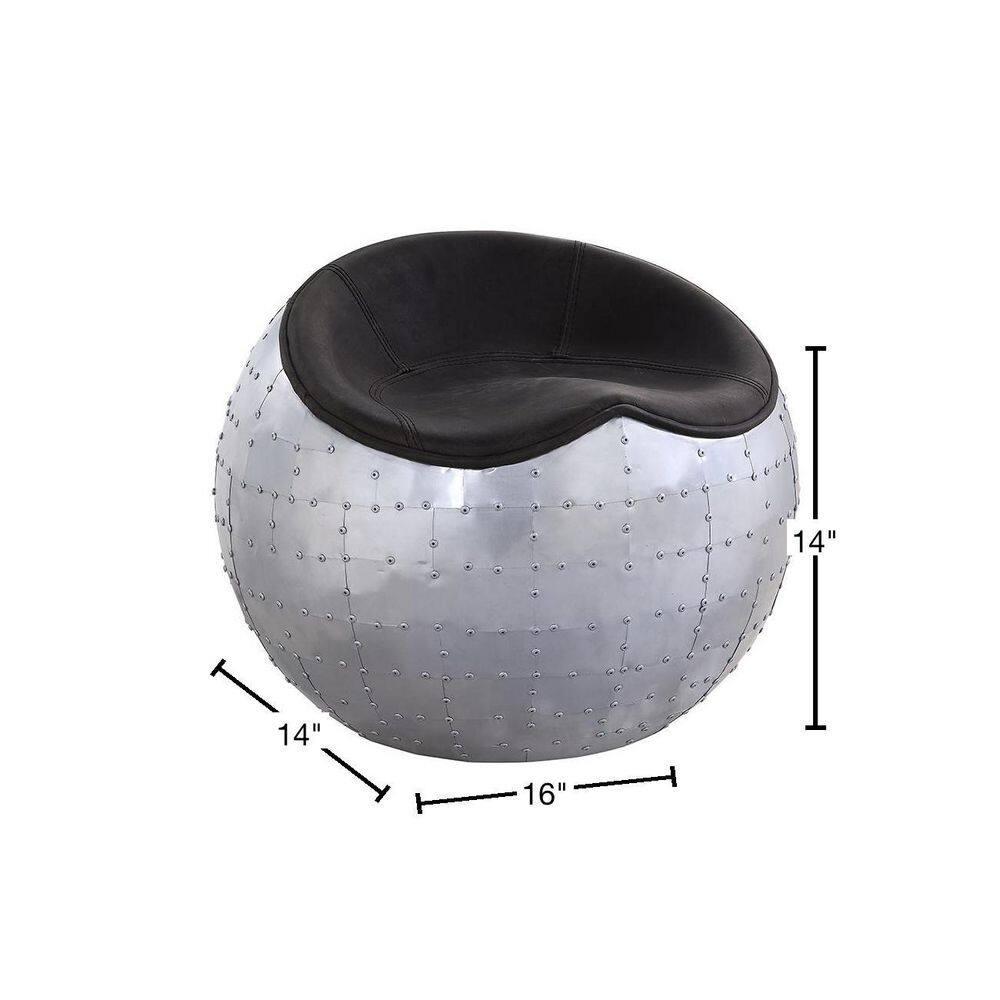 ACME Brancaster Leather Upholstered Ottoman in Antique Ebony and Aluminum