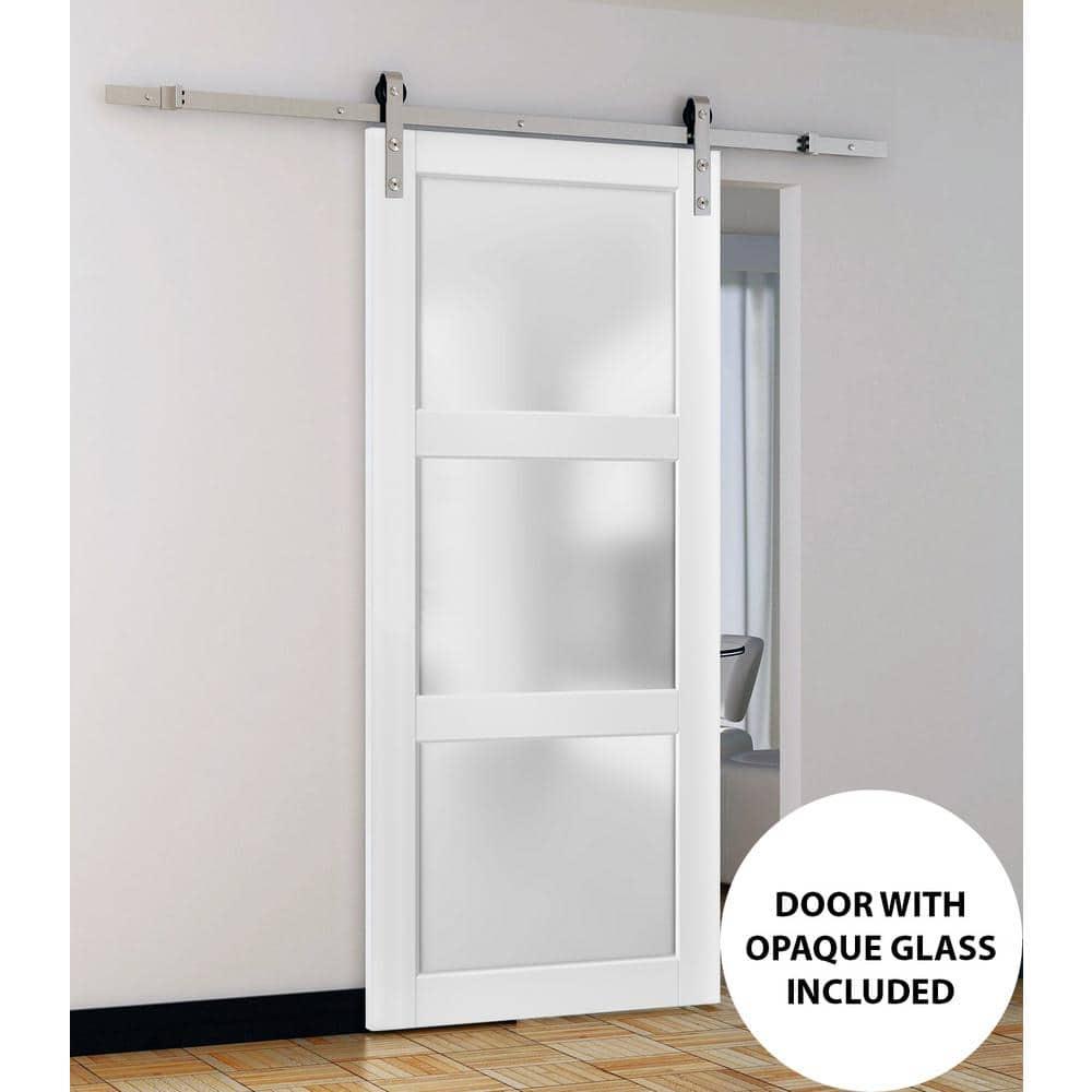 Sliding Barn Door with Hardware | Lucia 2552 White Silk with Frosted Glass | 6.6FT Rail Hangers Sturdy Set | Lite Wooden Solid Panel Interior Doors