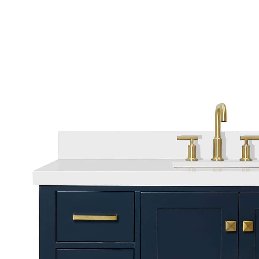 ARIEL 49" Bathroom Vanity with 1.5" Edge Pure White Quartz Countertop & Backsplash, Center Rectangular Sink, 2 Soft Closing Doors, 9 Full Extension Dovetail Drawers, Brushed Nickel - Midnight Blue