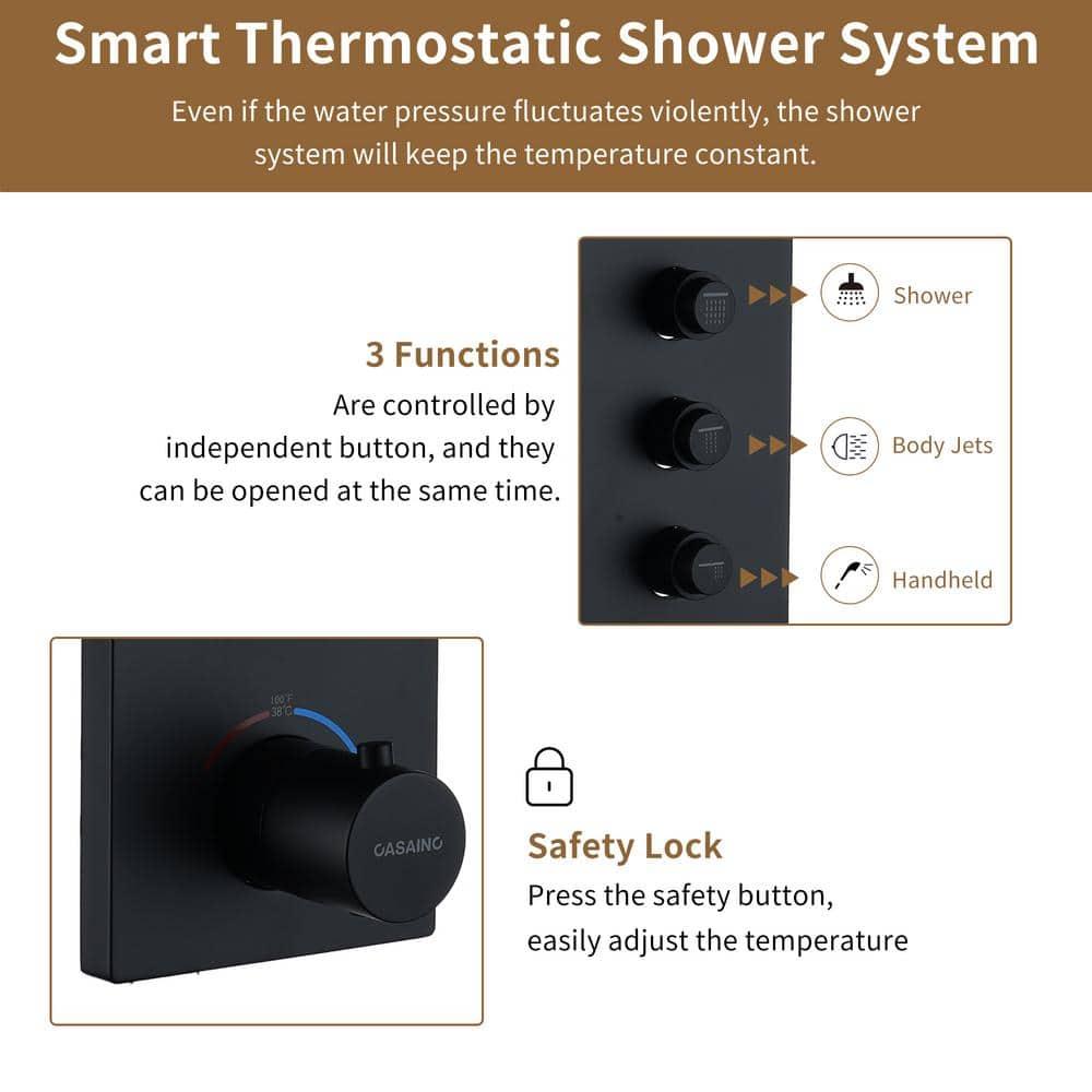 3 Functions 12 Inch Ceiling Mounted Thermostatic Shower System with 6 Body Jets