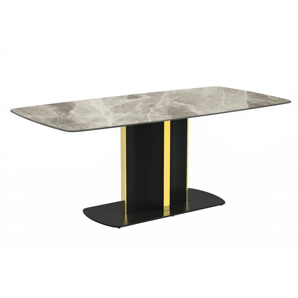 LeisureMod Sylva 71" Rectangular Dining Table Indoor Modern Kitchen Table with Sintered Stone Wide Top and Steel Pedestal Base in Deep Grey