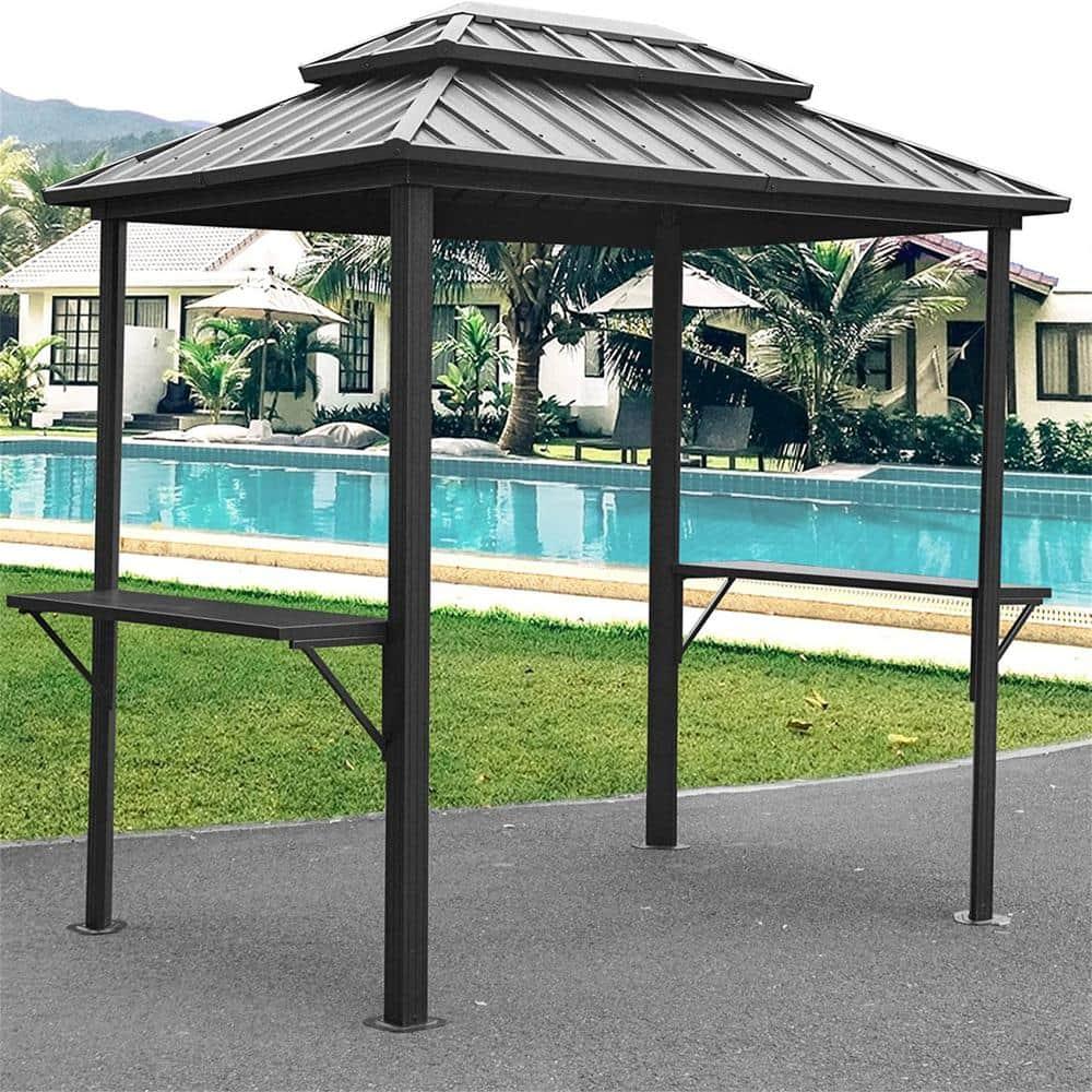 Gzxs 8’ x 6’ Grill Gazebo, Outdoor Aluminum BBQ Gazebo with 2 Side Shelves Serving Table, Hardtop Double Roof Permanent Sun Shade for Patio Deck Yard Garden (Gray)