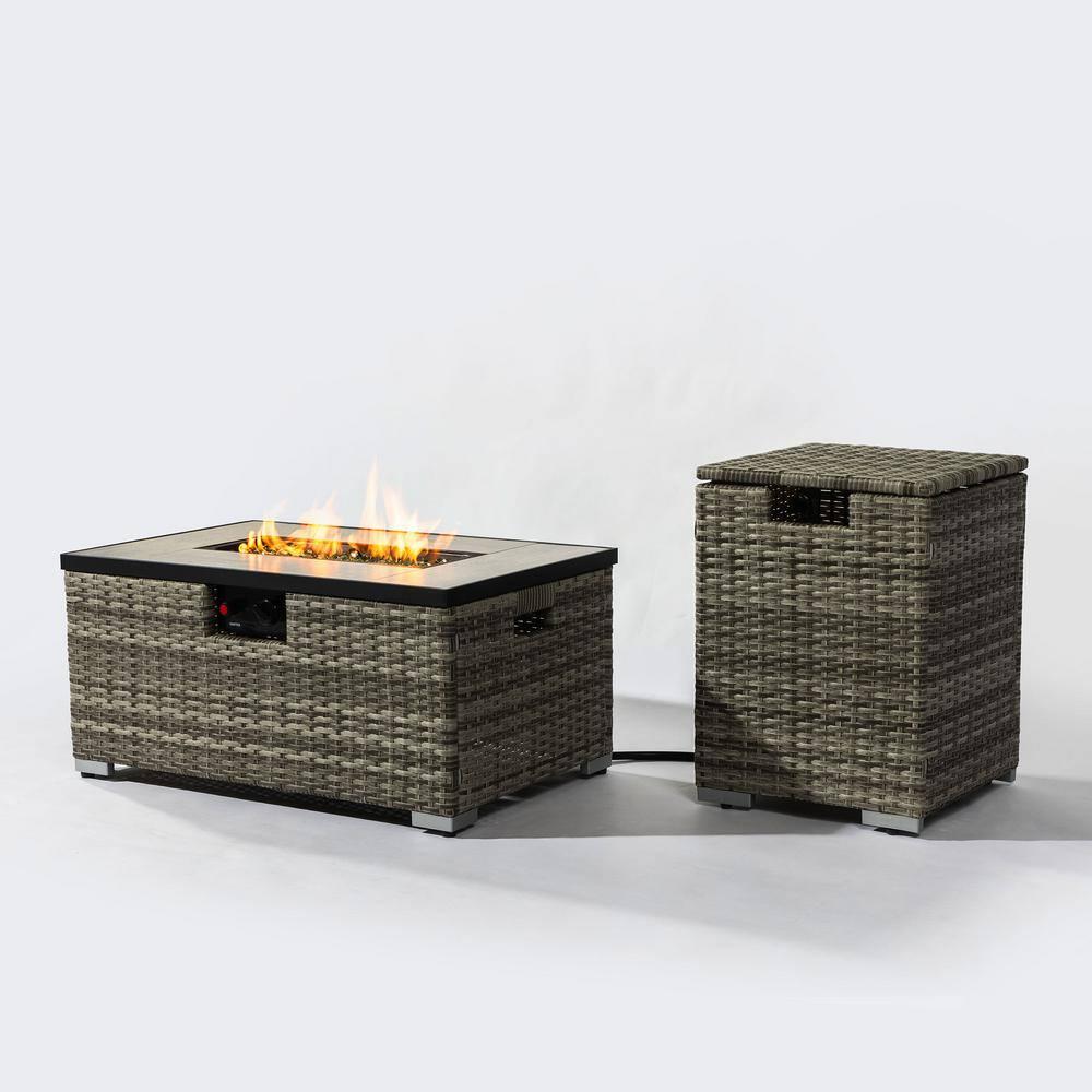 Rattan Fire Pit Table with Tank Holder and Ceramic Tile Tabletop