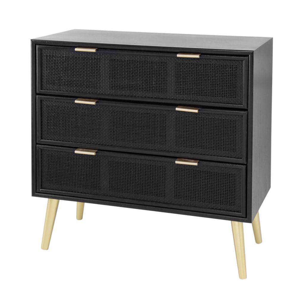 31 Inch Dresser Chest Cabinet, 3 Drawers, Woven Rattan, Modern, Black, Gold