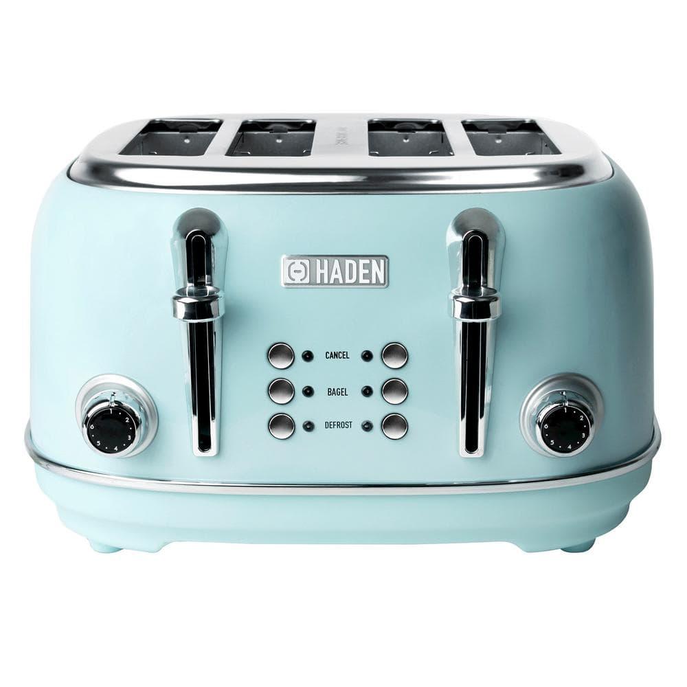Haden Heritage 4 Slice Wide Slot Stainless Steel Toaster with Adjustable Browning Control & Non-Slip Feet, Turquoise & Chrome