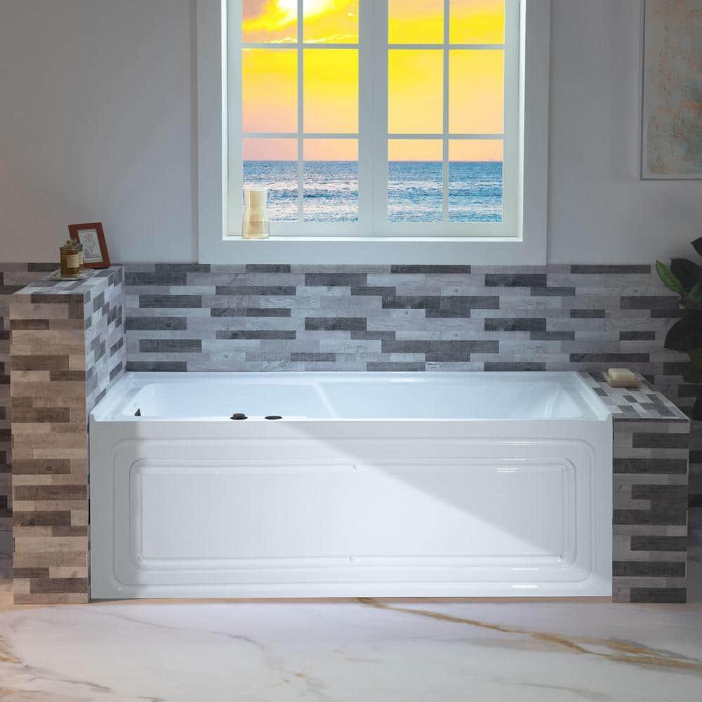 60" x 30" Whirlpool Heated Rectangular Alcove Acrylic Bathtub with Chrome/Matte Black Drain and Overflow