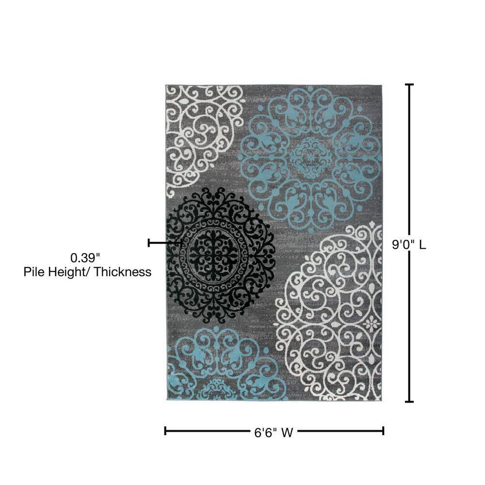 World Rug Gallery Floral Gray 6'6" x 9' Area Rug:  Rectangle,  Pet Friendly,  Stain-Resistant,  Low Pile,  Indoor Use