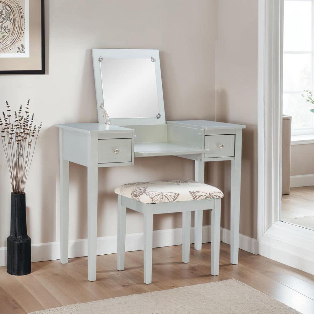 Traditional Wood Flip Up Mirror Drop Drawer Butterfly Vanity and Stool Silver - Linon