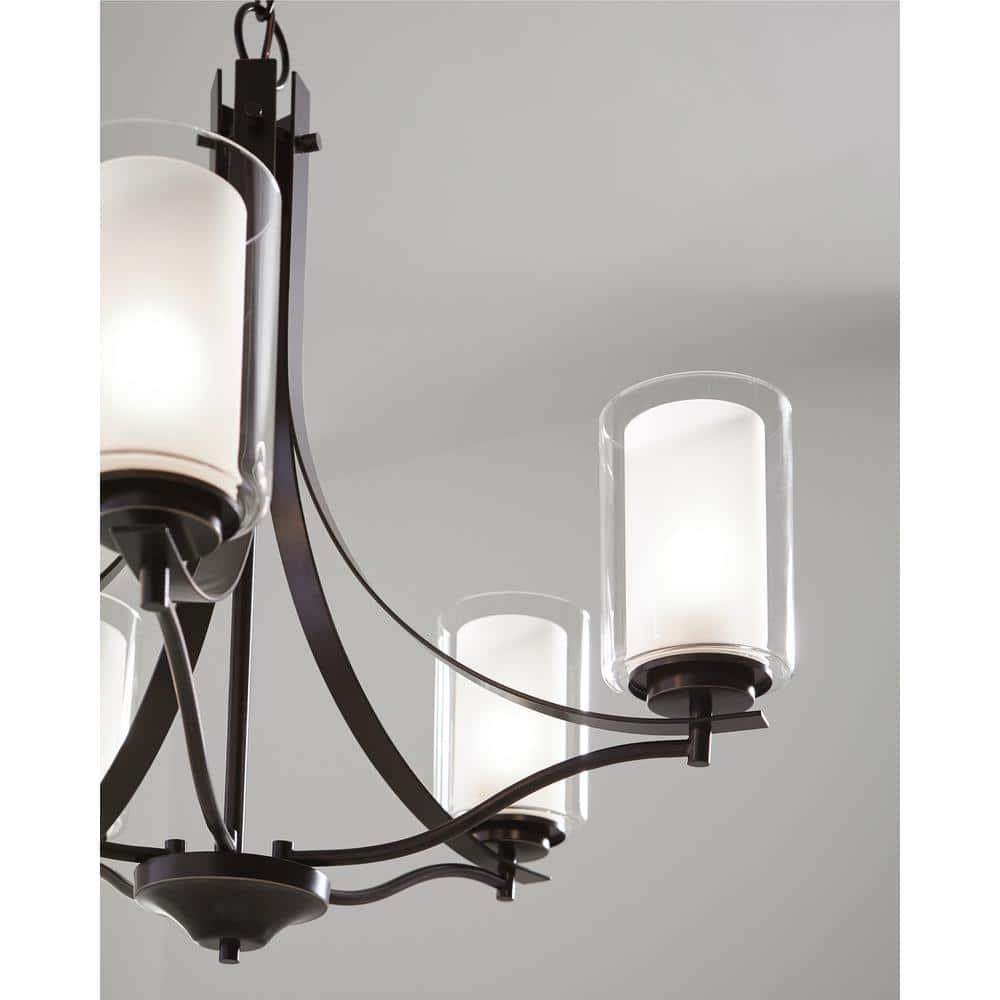 Elmwood Park 5-Light Bronze Modern Transitional Hanging Candlestick Chandelier with Satin Etched Glass Shades