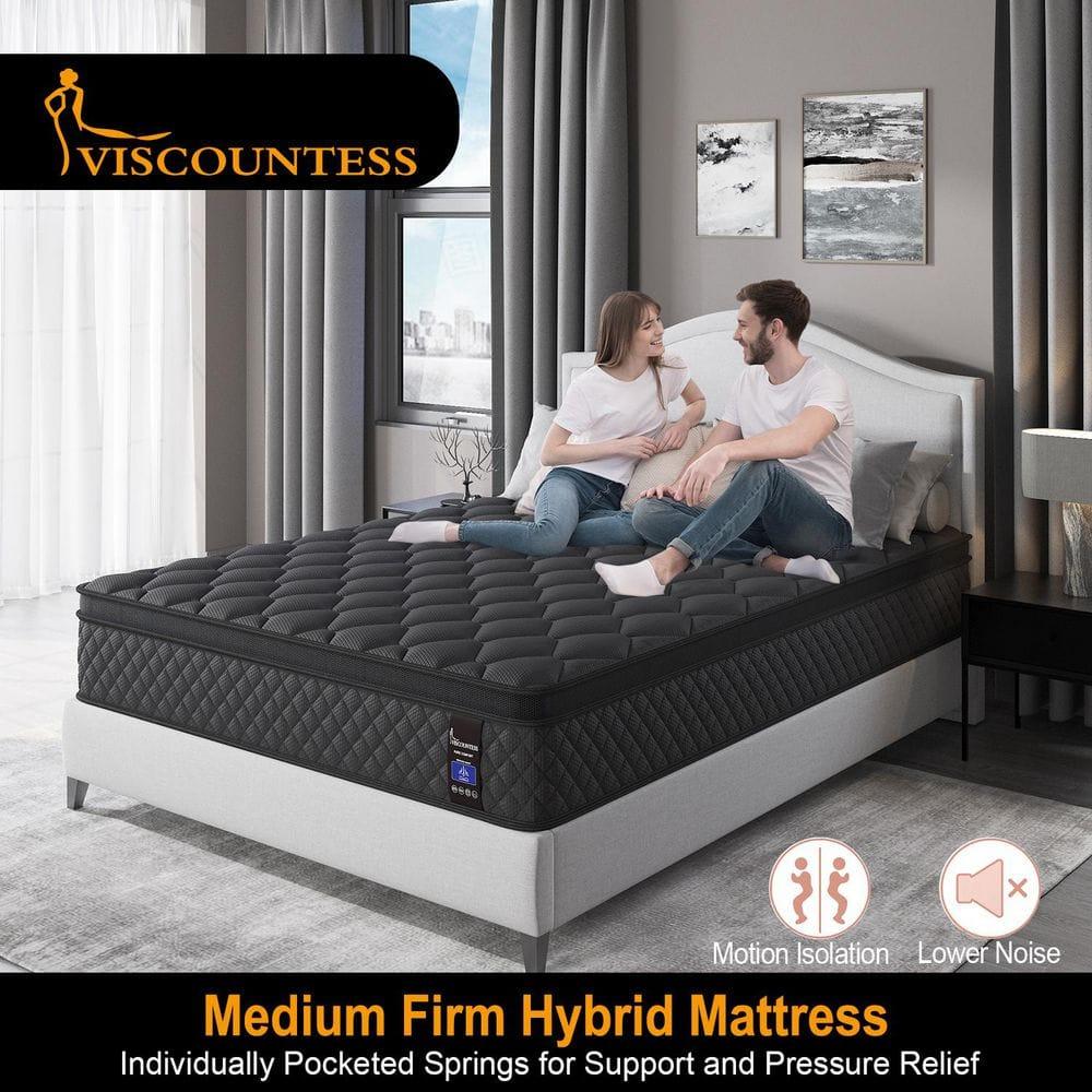 Queen Mattress, Hybrid Mattresses 10 Inch Euro Top Medium Firm for Back & Lumbar Support, 100 Night Trial, Individual Pocket Spring Bed for Motion Isolation & Pressure Relief Black