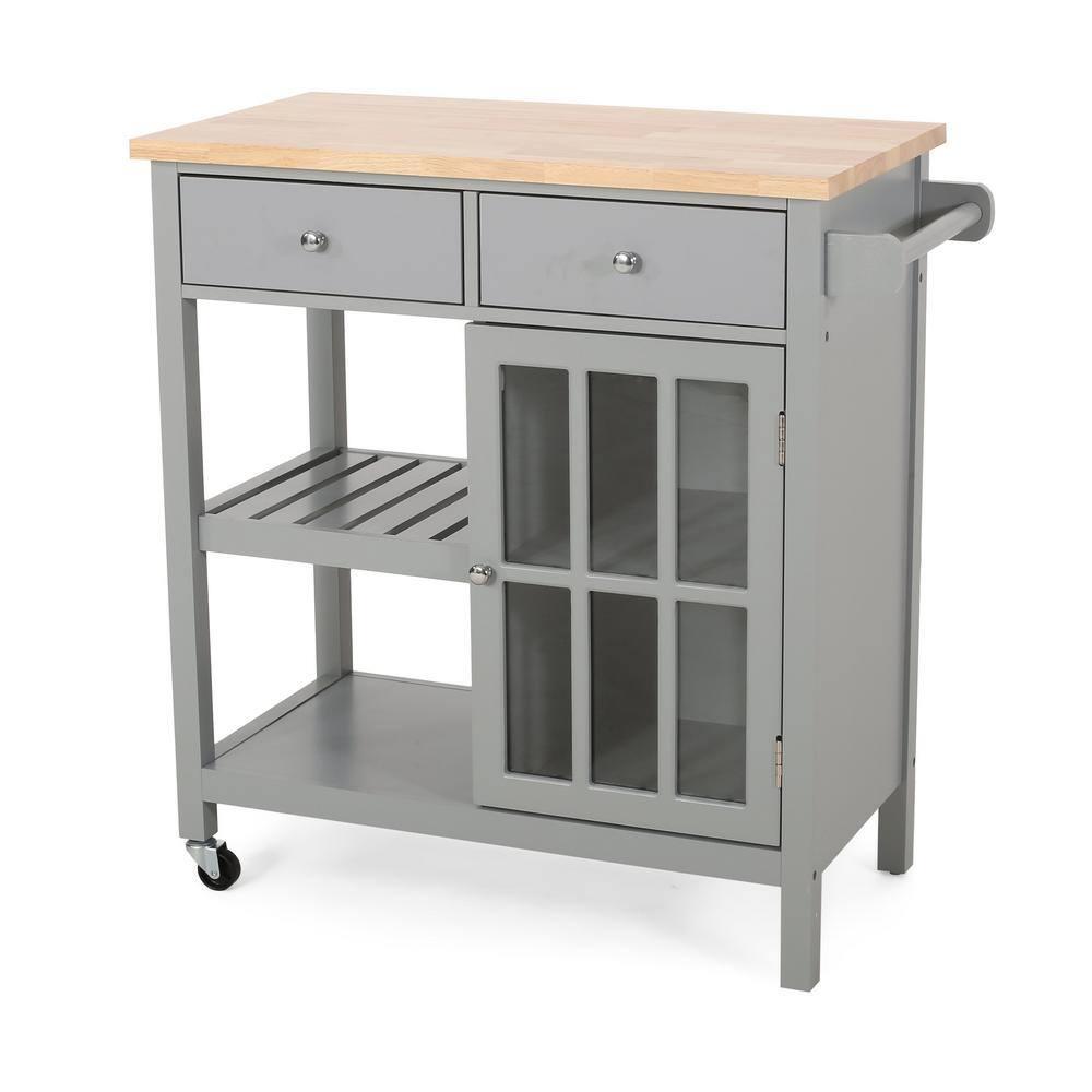 Noble House Rodrick Rubberwood Kitchen Cart, Gray, Natural