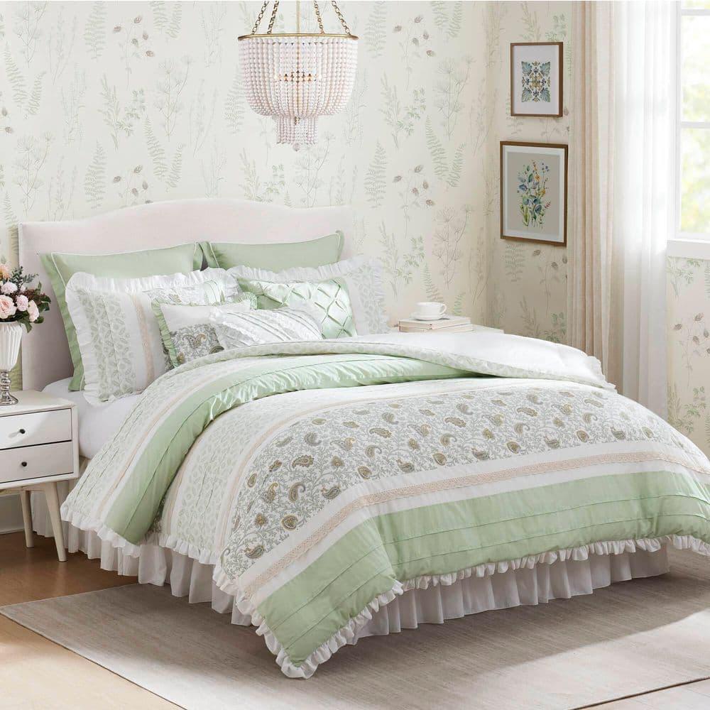 Sage Green Cotton King Reversible Comforter Set with Decorative Pillows