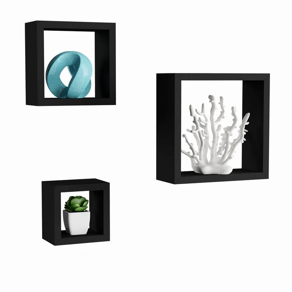 Floating Shelves- Cube Wall Shelf Set with Hidden Brackets, 3 Sizes to Display Decor, Books, Photos, More- Hardware Included by Lavish Home (Black)