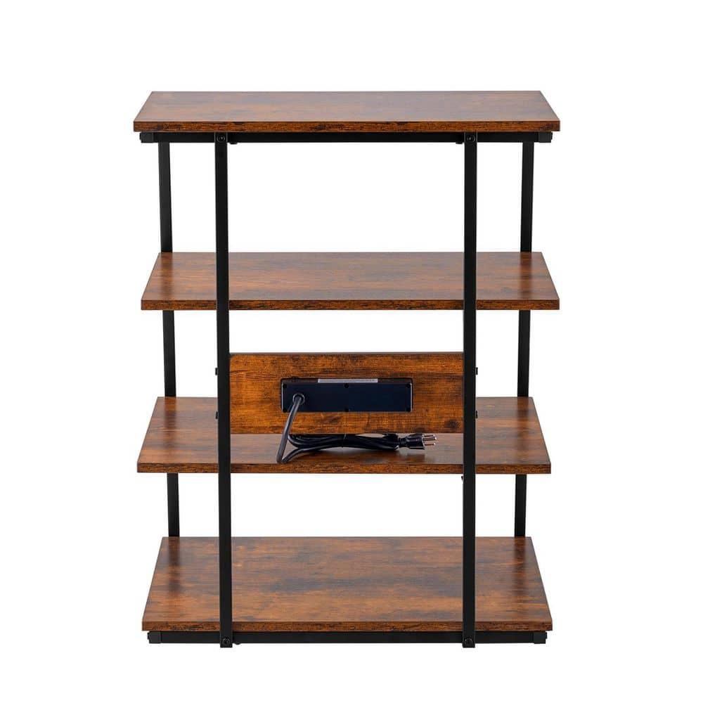 VEVOR 4-Tier AV Media Stand with Power Strips, Corner TV Stand with LED Lights, Height Adjustable Wooden Shelves