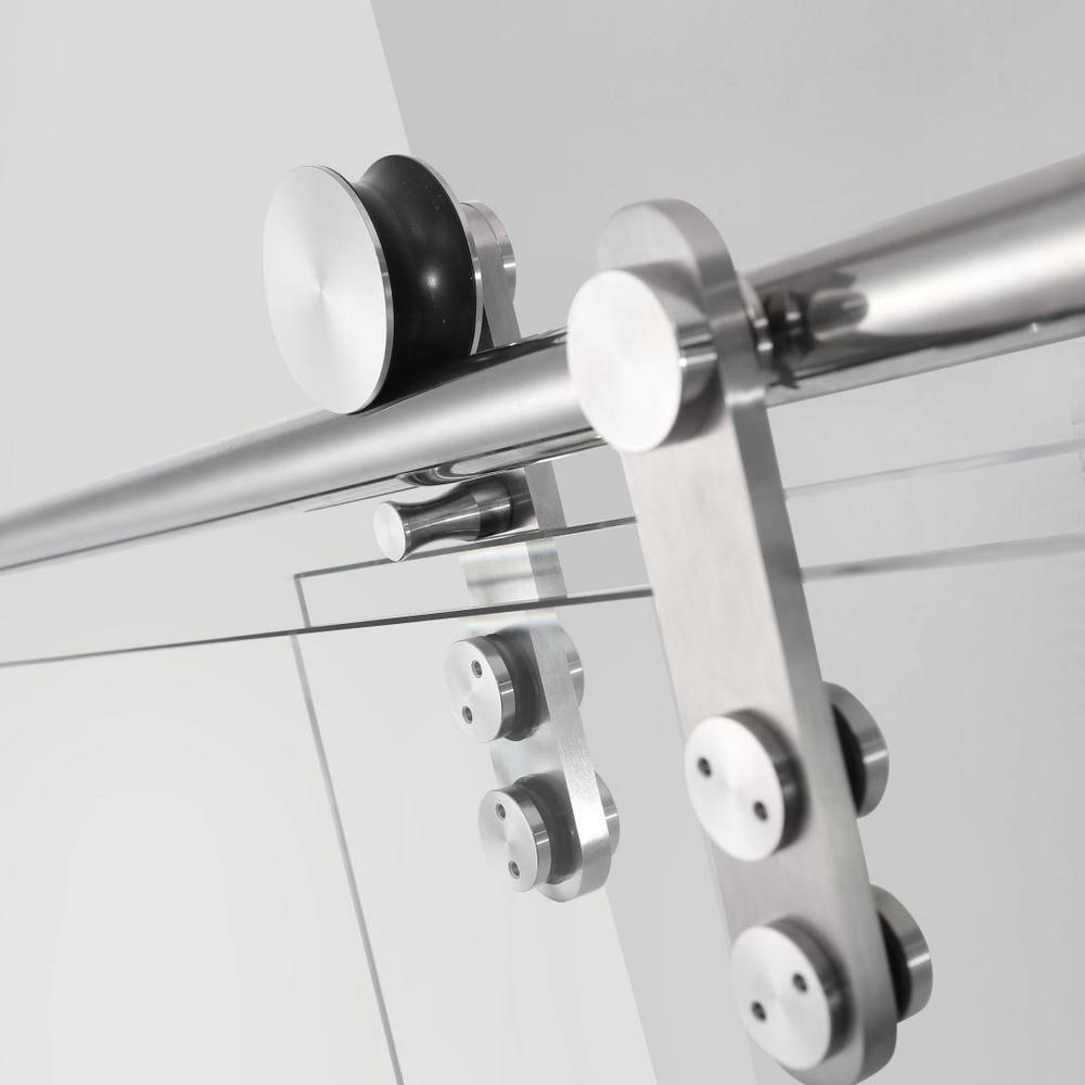 Frameless Single Sliding Shower Door, 5/16" (8Mm) Clear Tempered Glass With Explosion-Proof Film, Brushed Nickel Finish, Stainless Steel Hardware